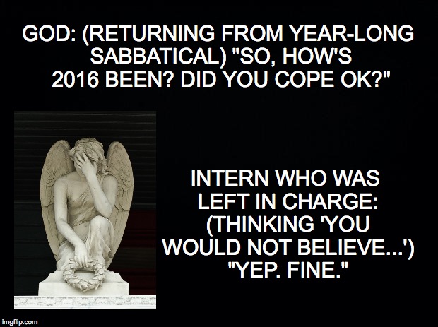 How was your 2016? | GOD: (RETURNING FROM YEAR-LONG SABBATICAL) "SO, HOW'S 2016 BEEN? DID YOU COPE OK?"; INTERN WHO WAS LEFT IN CHARGE: (THINKING 'YOU WOULD NOT BELIEVE...') "YEP. FINE." | image tagged in god,sabbatical,cope,fine | made w/ Imgflip meme maker