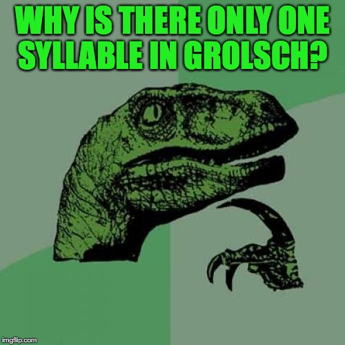 Philosoraptor Meme | WHY IS THERE ONLY ONE SYLLABLE IN GROLSCH? | image tagged in memes,philosoraptor | made w/ Imgflip meme maker