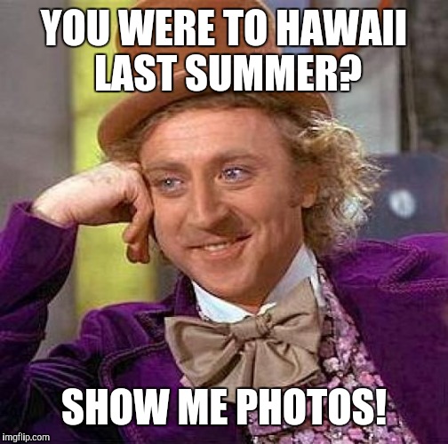 Creepy Condescending Wonka Meme | YOU WERE TO HAWAII LAST SUMMER? SHOW ME PHOTOS! | image tagged in memes,creepy condescending wonka | made w/ Imgflip meme maker
