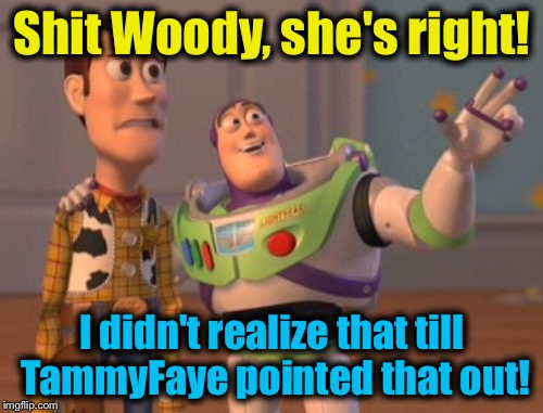 X, X Everywhere Meme | Shit Woody, she's right! I didn't realize that till TammyFaye pointed that out! | image tagged in memes,x x everywhere | made w/ Imgflip meme maker