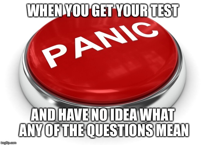 Panic button  | WHEN YOU GET YOUR TEST; AND HAVE NO IDEA WHAT ANY OF THE QUESTIONS MEAN | image tagged in panic | made w/ Imgflip meme maker