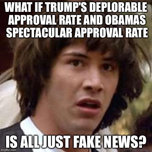 Just like Hillary's big lead in the polls..... | WHAT IF TRUMP'S DEPLORABLE APPROVAL RATE AND OBAMAS SPECTACULAR APPROVAL RATE; IS ALL JUST FAKE NEWS? | image tagged in memes,conspiracy keanu | made w/ Imgflip meme maker