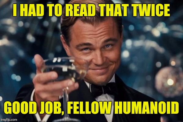 Leonardo Dicaprio Cheers Meme | I HAD TO READ THAT TWICE GOOD JOB, FELLOW HUMANOID | image tagged in memes,leonardo dicaprio cheers | made w/ Imgflip meme maker