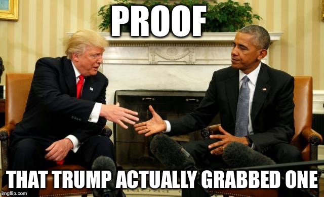 Obama Trump |  PROOF; THAT TRUMP ACTUALLY GRABBED ONE | image tagged in obama trump | made w/ Imgflip meme maker