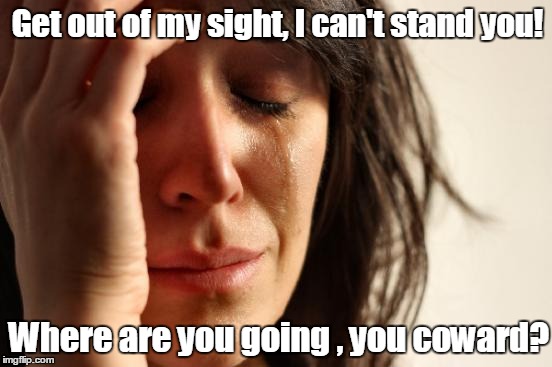 First World Problems Meme | Get out of my sight, I can't stand you! Where are you going , you coward? | image tagged in memes,first world problems | made w/ Imgflip meme maker