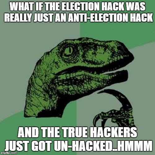 Philosoraptor Meme | WHAT IF THE ELECTION HACK WAS REALLY JUST AN ANTI-ELECTION HACK; AND THE TRUE HACKERS JUST GOT UN-HACKED..HMMM | image tagged in memes,philosoraptor,election 2016 | made w/ Imgflip meme maker