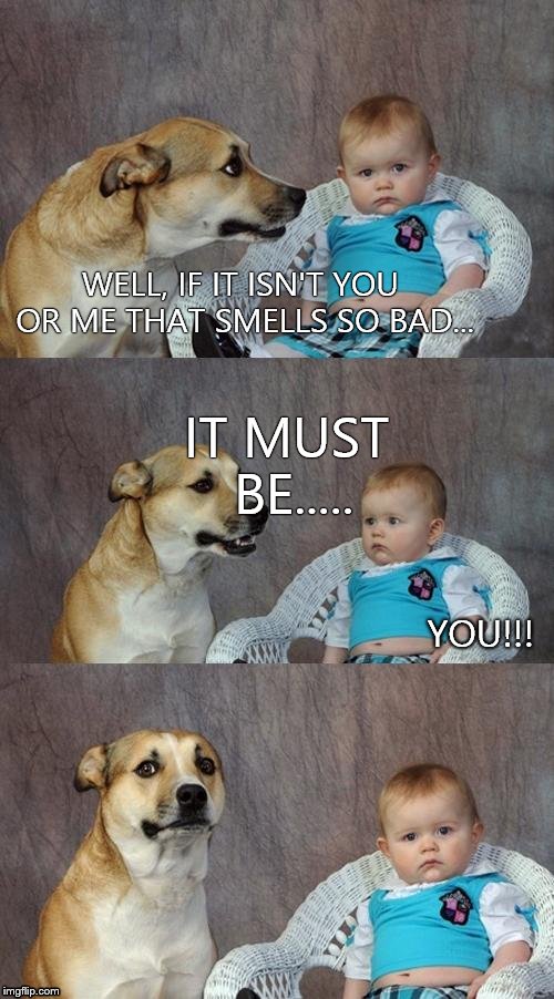 Dad Joke Dog | WELL, IF IT ISN'T YOU OR ME THAT SMELLS SO BAD... IT MUST BE..... YOU!!! | image tagged in memes,dad joke dog | made w/ Imgflip meme maker