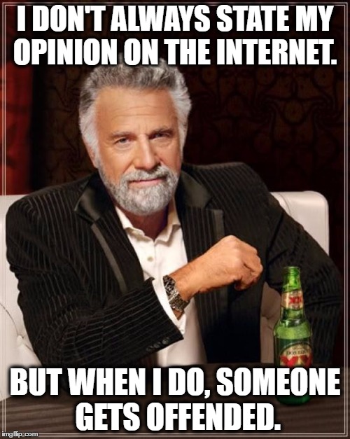 The Most Interesting Man In The World Meme | I DON'T ALWAYS STATE MY OPINION ON THE INTERNET. BUT WHEN I DO, SOMEONE GETS OFFENDED. | image tagged in memes,the most interesting man in the world | made w/ Imgflip meme maker