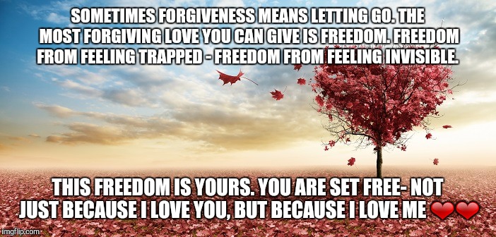 nature | SOMETIMES FORGIVENESS MEANS LETTING GO. THE MOST FORGIVING LOVE YOU CAN GIVE IS FREEDOM. FREEDOM FROM FEELING TRAPPED - FREEDOM FROM FEELING INVISIBLE. THIS FREEDOM IS YOURS. YOU ARE SET FREE- NOT JUST BECAUSE I LOVE YOU, BUT BECAUSE I LOVE ME ❤❤ | image tagged in nature | made w/ Imgflip meme maker