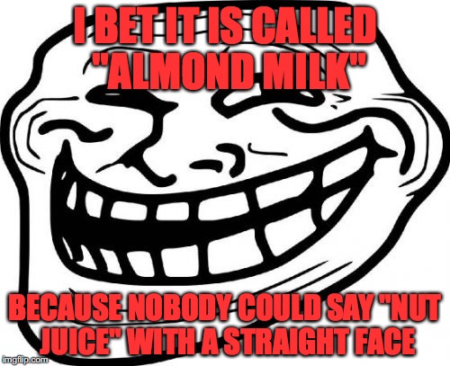 I know I couldn't keep a straight face! XD |  I BET IT IS CALLED "ALMOND MILK"; BECAUSE NOBODY COULD SAY "NUT JUICE" WITH A STRAIGHT FACE | image tagged in memes,troll face,thebestmememakerever,almond milk,nut juice | made w/ Imgflip meme maker