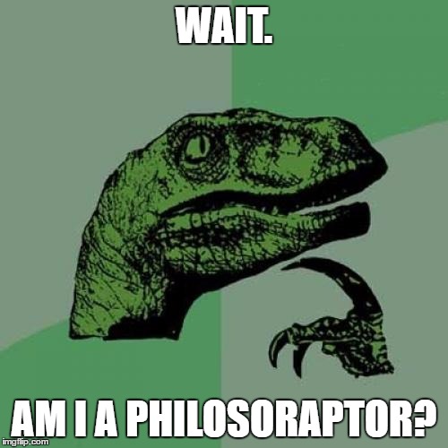 Philosoraptor | WAIT. AM I A PHILOSORAPTOR? | image tagged in memes,philosoraptor | made w/ Imgflip meme maker