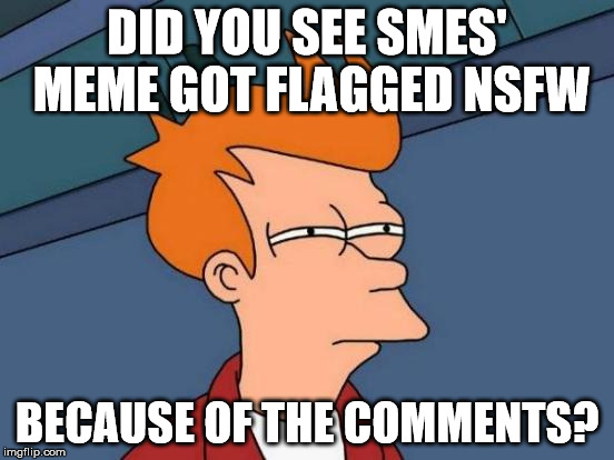 Futurama Fry Meme | DID YOU SEE SMES' MEME GOT FLAGGED NSFW BECAUSE OF THE COMMENTS? | image tagged in memes,futurama fry | made w/ Imgflip meme maker