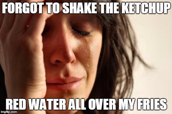 First World Problems Meme | FORGOT TO SHAKE THE KETCHUP; RED WATER ALL OVER MY FRIES | image tagged in memes,first world problems | made w/ Imgflip meme maker
