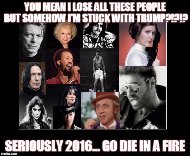 YOU MEAN I LOSE ALL THESE PEOPLE BUT SOMEHOW I'M STUCK WITH TRUMP?!?!? SERIOUSLY 2016...
GO DIE IN A FIRE | image tagged in dead folks 2016 | made w/ Imgflip meme maker