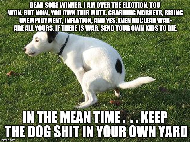 Trump you own the mutt | DEAR SORE WINNER. I AM OVER THE ELECTION, YOU WON. BUT NOW, YOU OWN THIS MUTT. CRASHING MARKETS, RISING UNEMPLOYMENT, INFLATION, AND YES, EVEN NUCLEAR WAR- ARE ALL YOURS. IF THERE IS WAR, SEND YOUR OWN KIDS TO DIE. IN THE MEAN TIME .  . . KEEP THE DOG SHIT IN YOUR OWN YARD | image tagged in donald trump,dog,shit,winner,loser | made w/ Imgflip meme maker