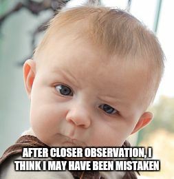Skeptical Baby Meme | AFTER CLOSER OBSERVATION, I THINK I MAY HAVE BEEN MISTAKEN | image tagged in memes,skeptical baby | made w/ Imgflip meme maker