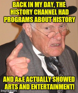 Back In My Day Meme | BACK IN MY DAY, THE HISTORY CHANNEL HAD PROGRAMS ABOUT HISTORY AND A&E ACTUALLY SHOWED ARTS AND ENTERTAINMENT! | image tagged in memes,back in my day | made w/ Imgflip meme maker