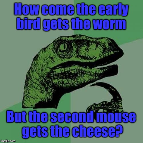 Socra-T-Rex | How come the early bird gets the worm; But the second mouse gets the cheese? | image tagged in memes,philosoraptor,front page,raydog,rat poison | made w/ Imgflip meme maker