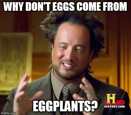 Ancient Aliens | WHY DON'T EGGS COME FROM; EGGPLANTS? | image tagged in memes,ancient aliens | made w/ Imgflip meme maker