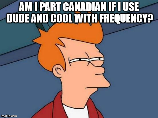 Futurama Fry Meme | AM I PART CANADIAN IF I USE DUDE AND COOL WITH FREQUENCY? | image tagged in memes,futurama fry | made w/ Imgflip meme maker