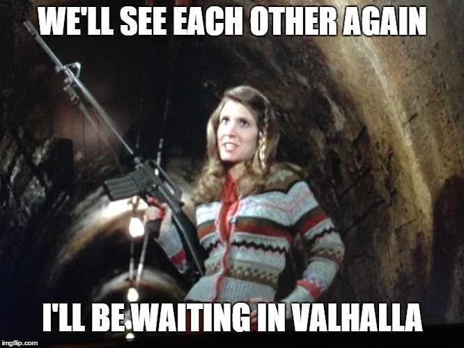 Carrie Fisher Valkyrie | WE'LL SEE EACH OTHER AGAIN; I'LL BE WAITING IN VALHALLA | image tagged in carrie fisher,death,valkyrie,blues brothers,memes,funny | made w/ Imgflip meme maker