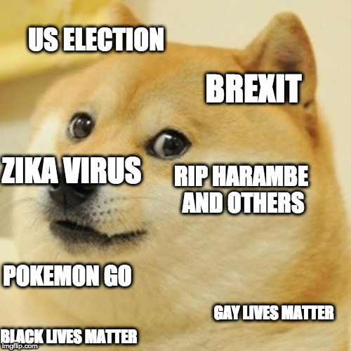 The Worst of 2016 | US ELECTION; BREXIT; ZIKA VIRUS; RIP HARAMBE AND OTHERS; POKEMON GO; GAY LIVES MATTER; BLACK LIVES MATTER | image tagged in memes,doge | made w/ Imgflip meme maker