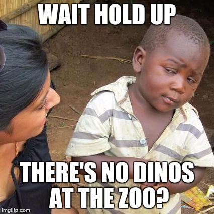 Third World Skeptical Kid Meme | WAIT HOLD UP; THERE'S NO DINOS AT THE ZOO? | image tagged in memes,third world skeptical kid | made w/ Imgflip meme maker