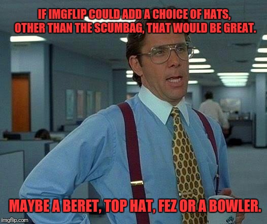 A Little Choice Would Be Nice |  IF IMGFLIP COULD ADD A CHOICE OF HATS, OTHER THAN THE SCUMBAG, THAT WOULD BE GREAT. MAYBE A BERET, TOP HAT, FEZ OR A BOWLER. | image tagged in memes,that would be great,imgflip,hats,scumbag hat | made w/ Imgflip meme maker