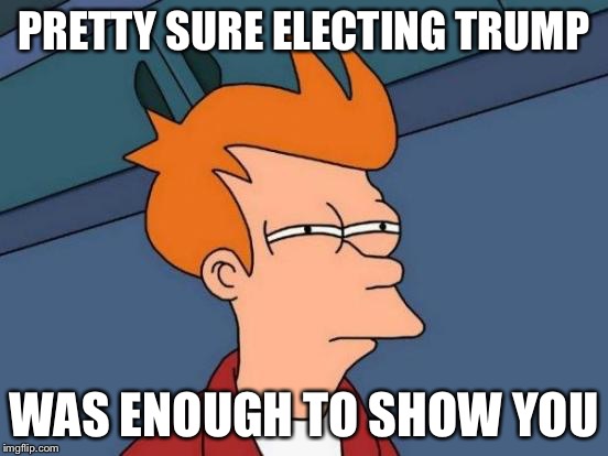 Futurama Fry Meme | PRETTY SURE ELECTING TRUMP WAS ENOUGH TO SHOW YOU | image tagged in memes,futurama fry | made w/ Imgflip meme maker