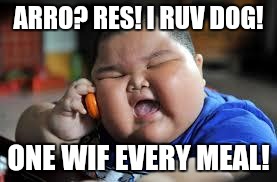 Fat Chinese kid | ARRO? RES! I RUV DOG! ONE WIF EVERY MEAL! | image tagged in fat chinese kid | made w/ Imgflip meme maker