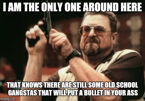 Am I The Only One Around Here | I AM THE ONLY ONE AROUND HERE; THAT KNOWS THERE ARE STILL SOME OLD SCHOOL GANGSTAS THAT WILL PUT A BULLET IN YOUR ASS | image tagged in memes,am i the only one around here | made w/ Imgflip meme maker