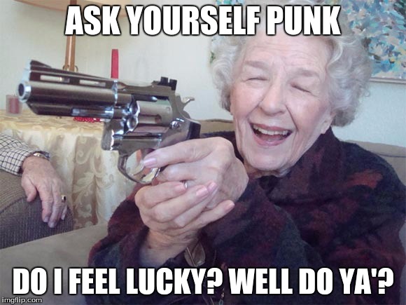 Old lady takes aim | ASK YOURSELF PUNK DO I FEEL LUCKY? WELL DO YA'? | image tagged in old lady takes aim | made w/ Imgflip meme maker