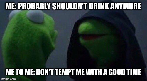kermit me to me | ME: PROBABLY SHOULDN'T DRINK ANYMORE; ME TO ME: DON'T TEMPT ME WITH A GOOD TIME | image tagged in kermit me to me | made w/ Imgflip meme maker