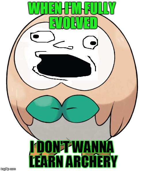 Rowlet | WHEN I'M FULLY EVOLVED; I DON'T WANNA LEARN ARCHERY | image tagged in rowlet,derp face,archery,pokemon sun and moon,memes,funny | made w/ Imgflip meme maker