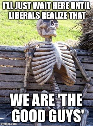 Waiting Skeleton Meme | I'LL JUST WAIT HERE UNTIL LIBERALS REALIZE THAT WE ARE 'THE GOOD GUYS' | image tagged in memes,waiting skeleton | made w/ Imgflip meme maker