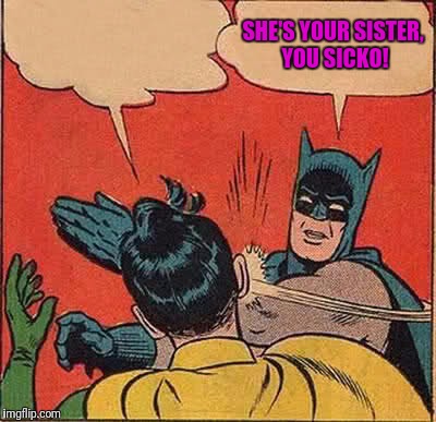 Batman Slapping Robin Meme | SHE'S YOUR SISTER, YOU SICKO! | image tagged in memes,batman slapping robin | made w/ Imgflip meme maker