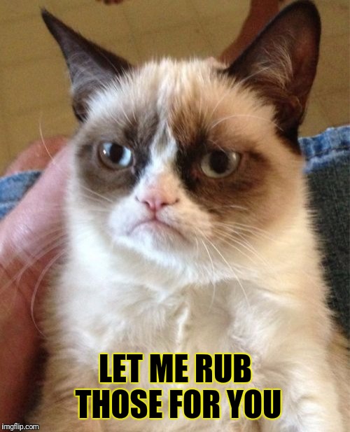 Grumpy Cat Meme | LET ME RUB THOSE FOR YOU | image tagged in memes,grumpy cat | made w/ Imgflip meme maker