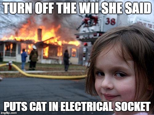 Disaster Girl Meme | TURN OFF THE WII SHE SAID; PUTS CAT IN ELECTRICAL SOCKET | image tagged in memes,disaster girl | made w/ Imgflip meme maker