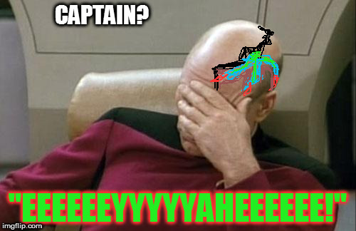 shouldn't have gone on that away mission | CAPTAIN? "EEEEEEYYYYYAHEEEEEE!" | image tagged in memes,captain picard facepalm | made w/ Imgflip meme maker