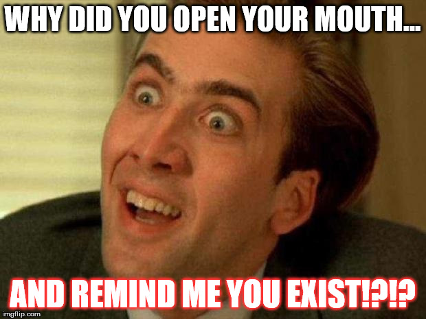Nicolas cage | WHY DID YOU OPEN YOUR MOUTH... AND REMIND ME YOU EXIST!?!? | image tagged in nicolas cage | made w/ Imgflip meme maker