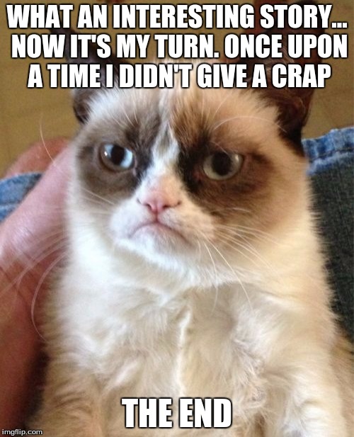 Grumpy Cat | WHAT AN INTERESTING STORY... NOW IT'S MY TURN. ONCE UPON A TIME I DIDN'T GIVE A CRAP; THE END | image tagged in memes,grumpy cat | made w/ Imgflip meme maker