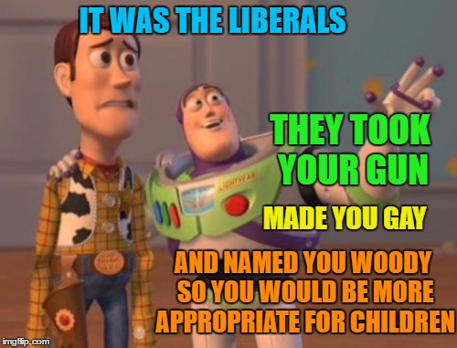 X, X Everywhere Meme | IT WAS THE LIBERALS; THEY TOOK YOUR GUN; MADE YOU GAY; AND NAMED YOU WOODY SO YOU WOULD BE MORE APPROPRIATE FOR CHILDREN | image tagged in memes,x x everywhere | made w/ Imgflip meme maker