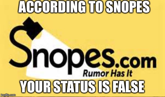 ACCORDING TO SNOPES YOUR STATUS IS FALSE | made w/ Imgflip meme maker