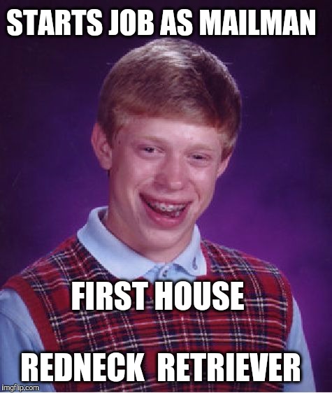 Bad Luck Brian Meme | STARTS JOB AS MAILMAN FIRST HOUSE REDNECK  RETRIEVER | image tagged in memes,bad luck brian | made w/ Imgflip meme maker