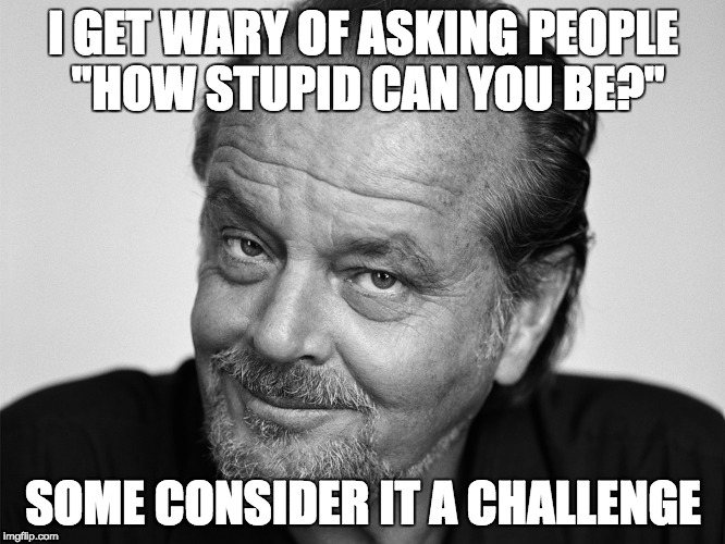 Jack Nicholson Black and White | I GET WARY OF ASKING PEOPLE "HOW STUPID CAN YOU BE?"; SOME CONSIDER IT A CHALLENGE | image tagged in jack nicholson black and white | made w/ Imgflip meme maker