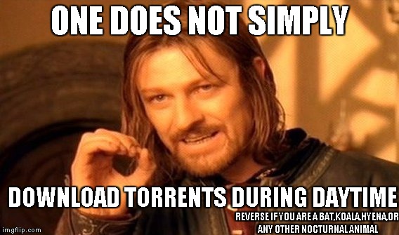 One does not simply pirate | ONE DOES NOT SIMPLY; DOWNLOAD TORRENTS DURING DAYTIME; REVERSE IF YOU ARE A BAT,KOALA,HYENA,OR ANY OTHER NOCTURNAL ANIMAL | image tagged in memes,one does not simply,torrent,night | made w/ Imgflip meme maker