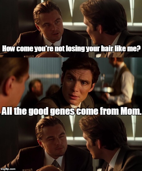15svjp.jpg  | How come you're not losing your hair like me? All the good genes come from Mom. | image tagged in 15svjpjpg | made w/ Imgflip meme maker