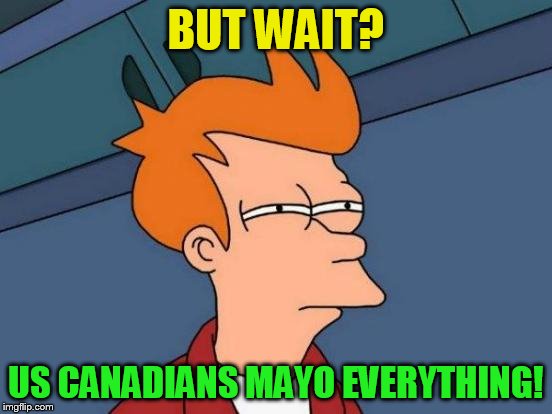 Futurama Fry Meme | BUT WAIT? US CANADIANS MAYO EVERYTHING! | image tagged in memes,futurama fry | made w/ Imgflip meme maker