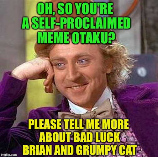 Like their real name for starters... | OH, SO YOU'RE A SELF-PROCLAIMED MEME OTAKU? PLEASE TELL ME MORE ABOUT BAD LUCK BRIAN AND GRUMPY CAT | image tagged in memes,creepy condescending wonka | made w/ Imgflip meme maker