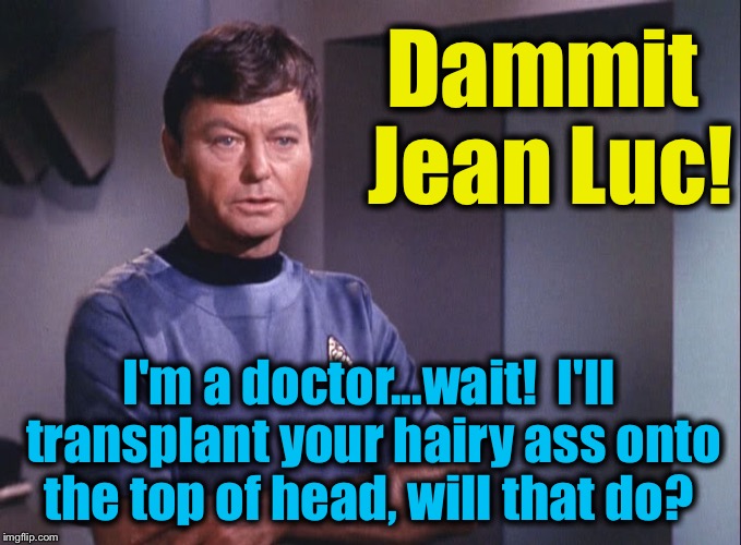 Dammit Jean Luc! I'm a doctor...wait!  I'll transplant your hairy ass onto the top of head, will that do? | made w/ Imgflip meme maker